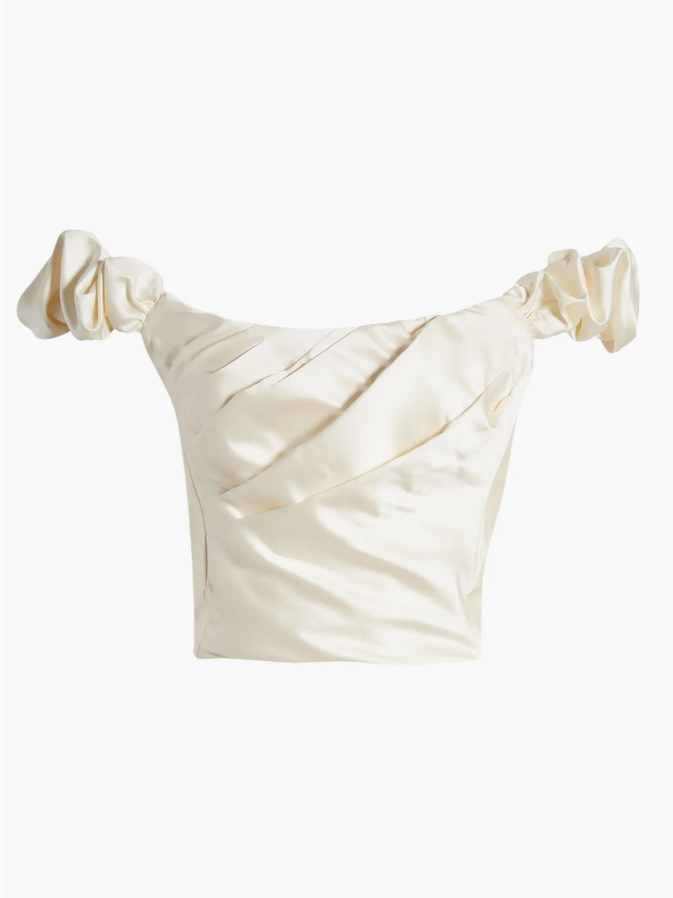 Loveshackfancy Ivory Off-Shoulder Satin Crop Top With Puff Sleeves
